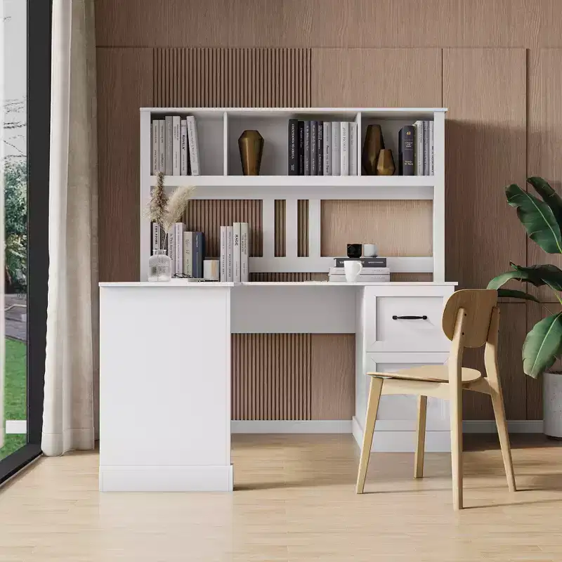 JVNOXK 59-inch Modern Home Office Computer Desk with Bookshelf and Open Shelving Unit Featuring Drawers, Antique-Style Finish, White