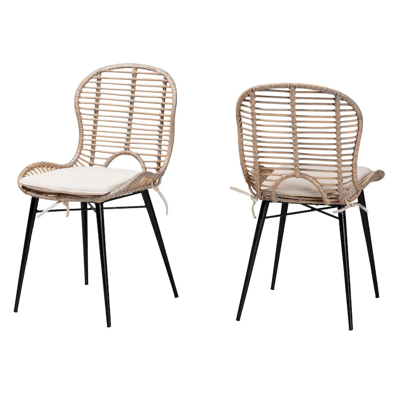 Rattan & Metal Dining Chair Set of 2, Bohemian Style, Black / Greywash