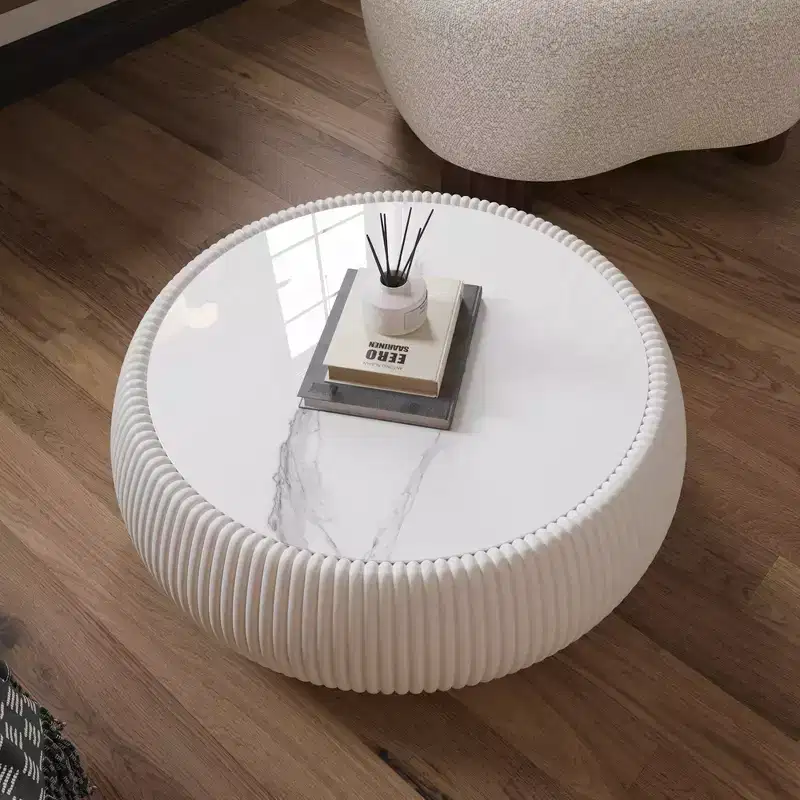 Drum-Shaped Leather Coffee Table with Sintered Stone Top and Grey Pattern