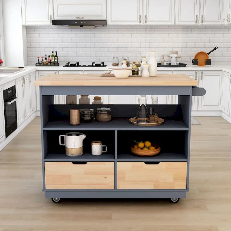 Kitchen Island on Wheels with Open Compartments and 2 Drawers