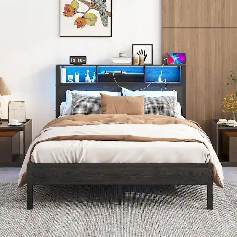 Full Size Metal Platform Bed with Storage Headboard and Charging Station - Black