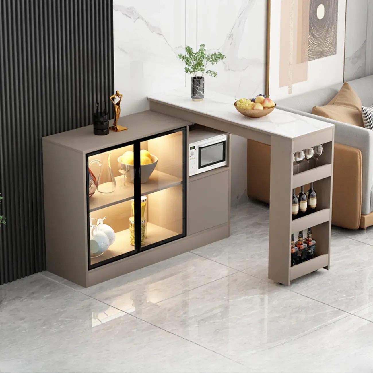 Modern Brown Counter Bar Table with Wine Cabinet Storage for Living Room