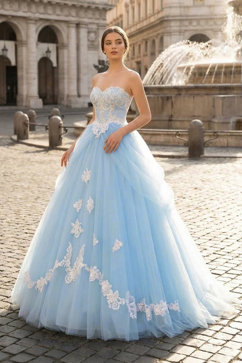 A-Line Lace Sweetheart Neck Blue Long Prom Dress