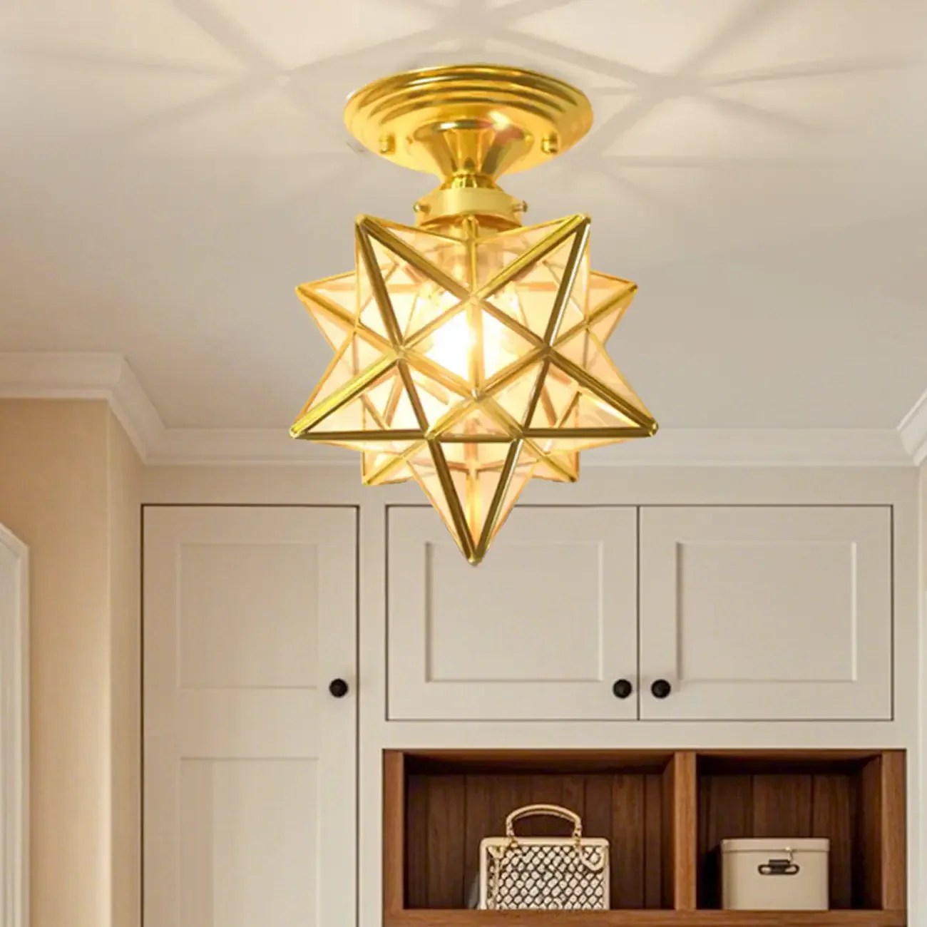 Colonial Style Gold Star Glass Shade Semi Flush Ceiling Light