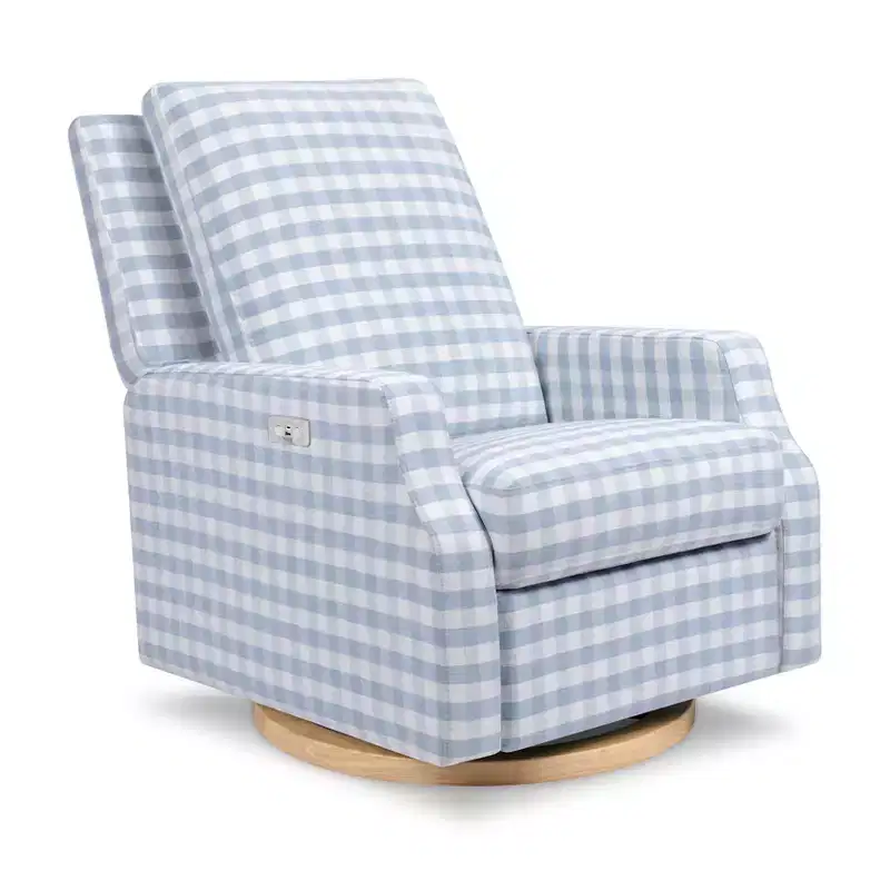 Namesake Crewe Electronic Recliner and Swivel Glider - Blue Gingham with Light Wood Base