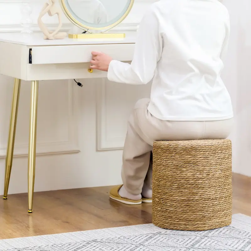 Adeco Round Ottoman Natural Cattail Hand Weave Foot Stool