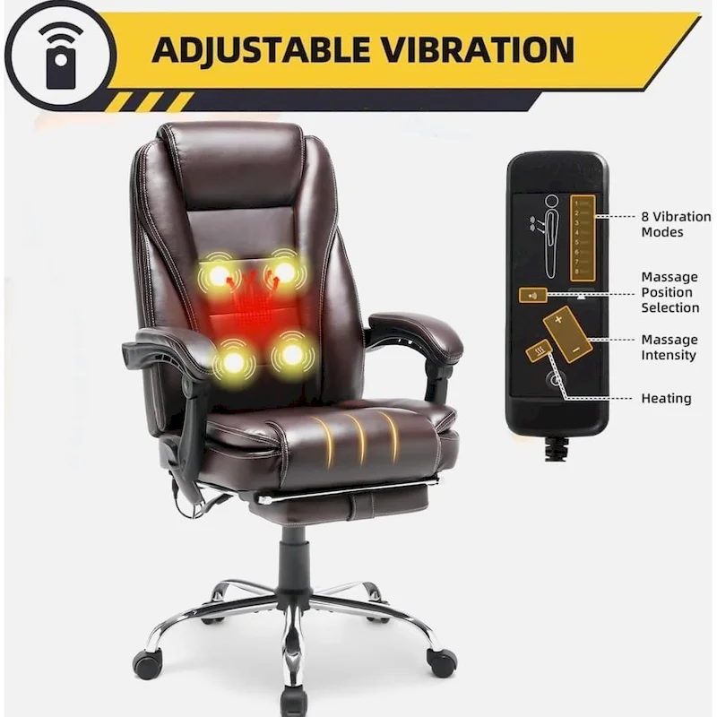 Ergonomic Heated Executive Office Chair with 2/4/6-Point Massage, Retractable Footrest, and PU Leather
