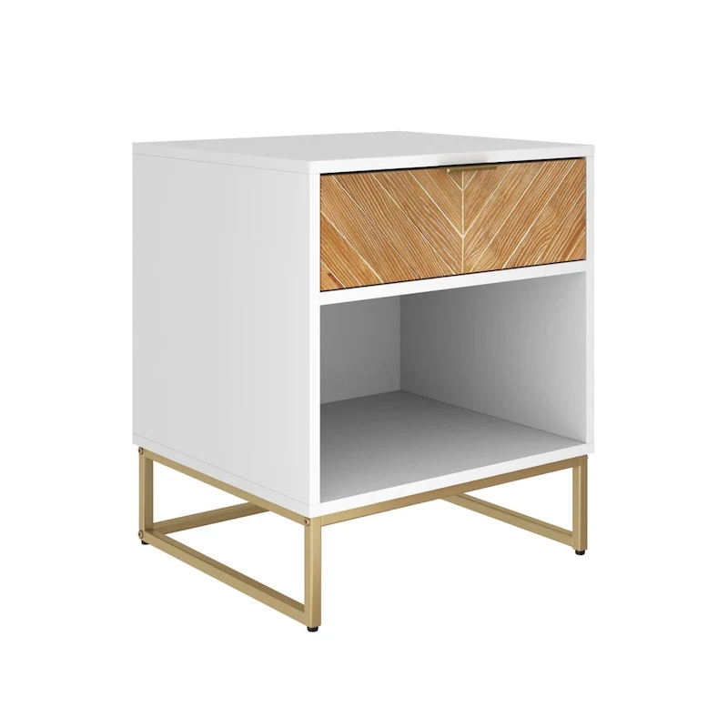 Walnut/Black & White Nightstand with Drawer & Open Shelf, Single or Set of 2