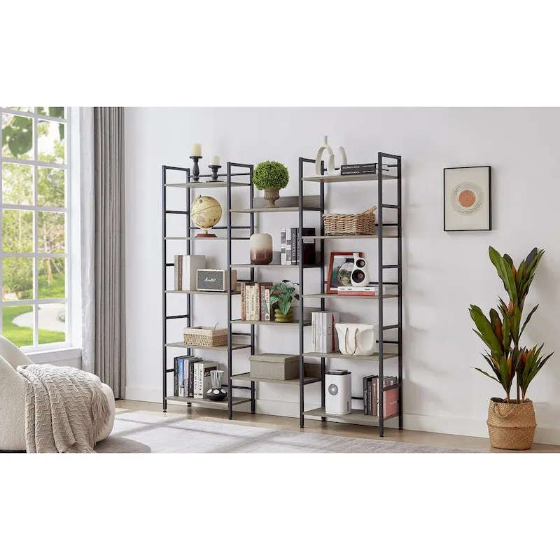 Triple Wide 5-shelf Bookshelves Industrial Retro Wooden Style Home and Office Large Open Bookshelves