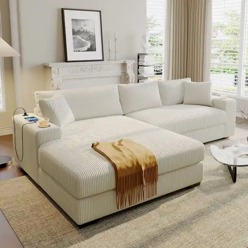 Large Sectional Sofa with Thick Cushions, and Built-in Cup Holders & Charging Ports