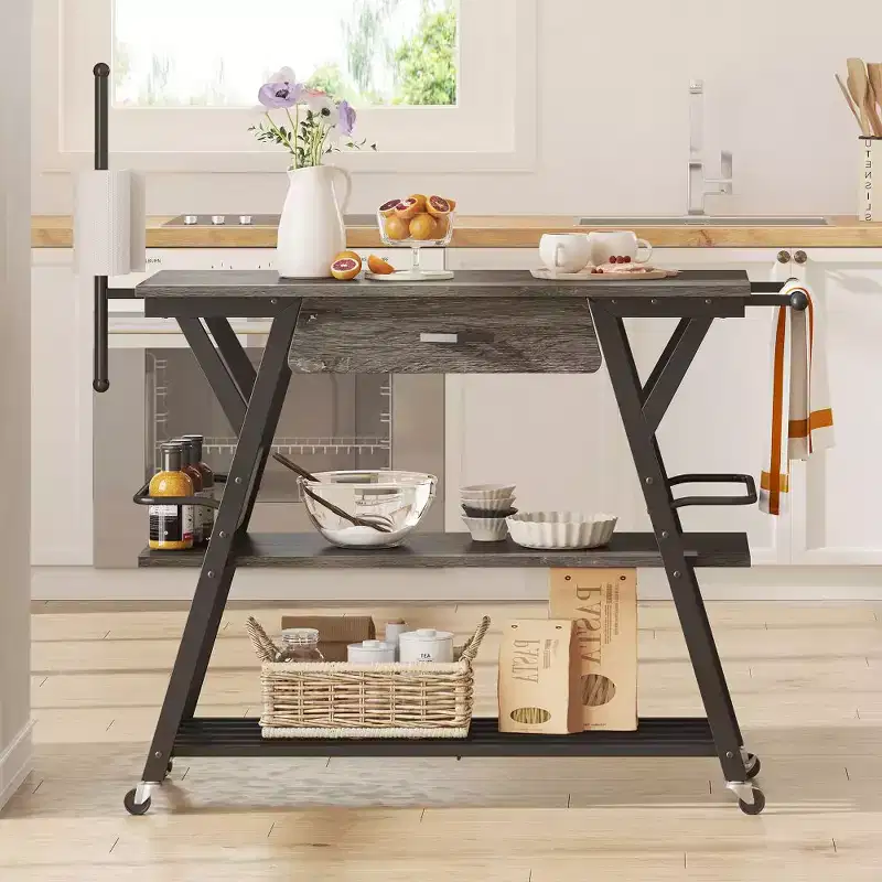 Rustic Brown / Vintage Dark Grey Rolling Kitchen Cart with 3-Tier Shelf, Lockable Wheels