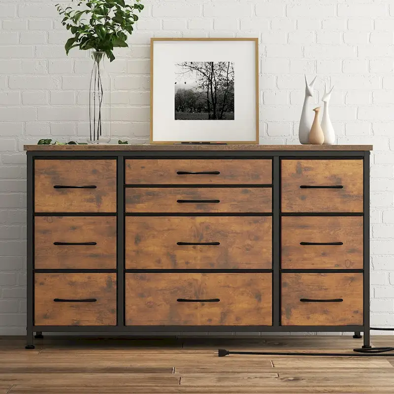 10-Drawer Fabric Dresser with Power Strip, for 1 Person – Grey / Pink / Brown / Black / Charcoal