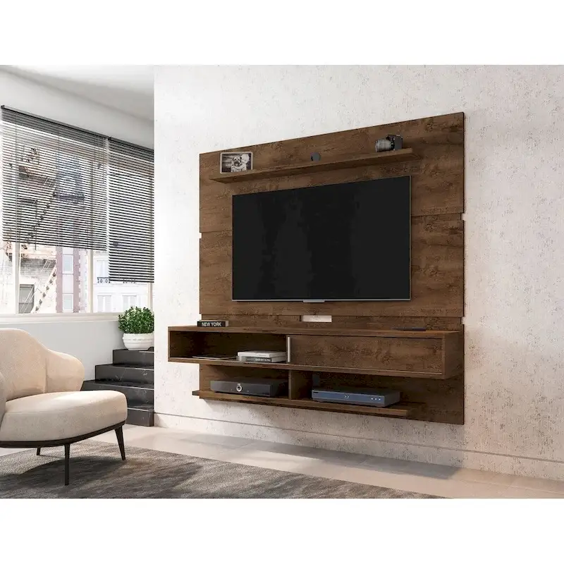 Wall-Mounted Entertainment Center with Shelves - Brown Wood