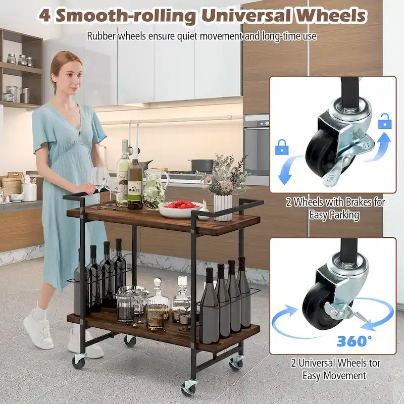 Gymax Home Bar Cart 2-tier Home Bar Cart w/ Lockable Wheels &