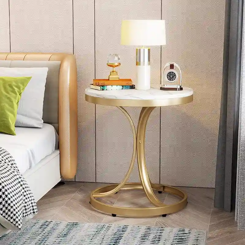 Round Side Table with Faux Marble Top and C-Shaped Metal Legs