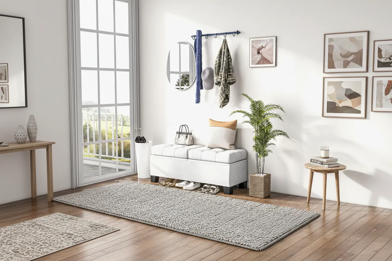 Storage Bench – Cream White / Gray / Blue, 2-Seat, Upholstered