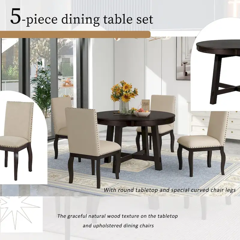 5-Piece Wooden Dining Table Set with Extendable Round Table & 4 Chairs