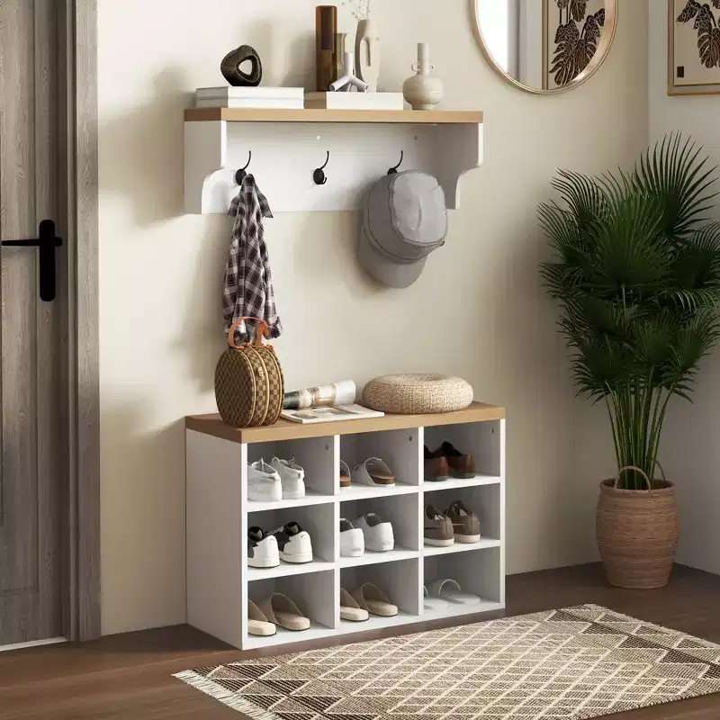 HOMCOM Shoe Bench and Coat Rack Set, 9 Pair Shoe Storage Rack with Hall Trees for Entryway Hallway, White