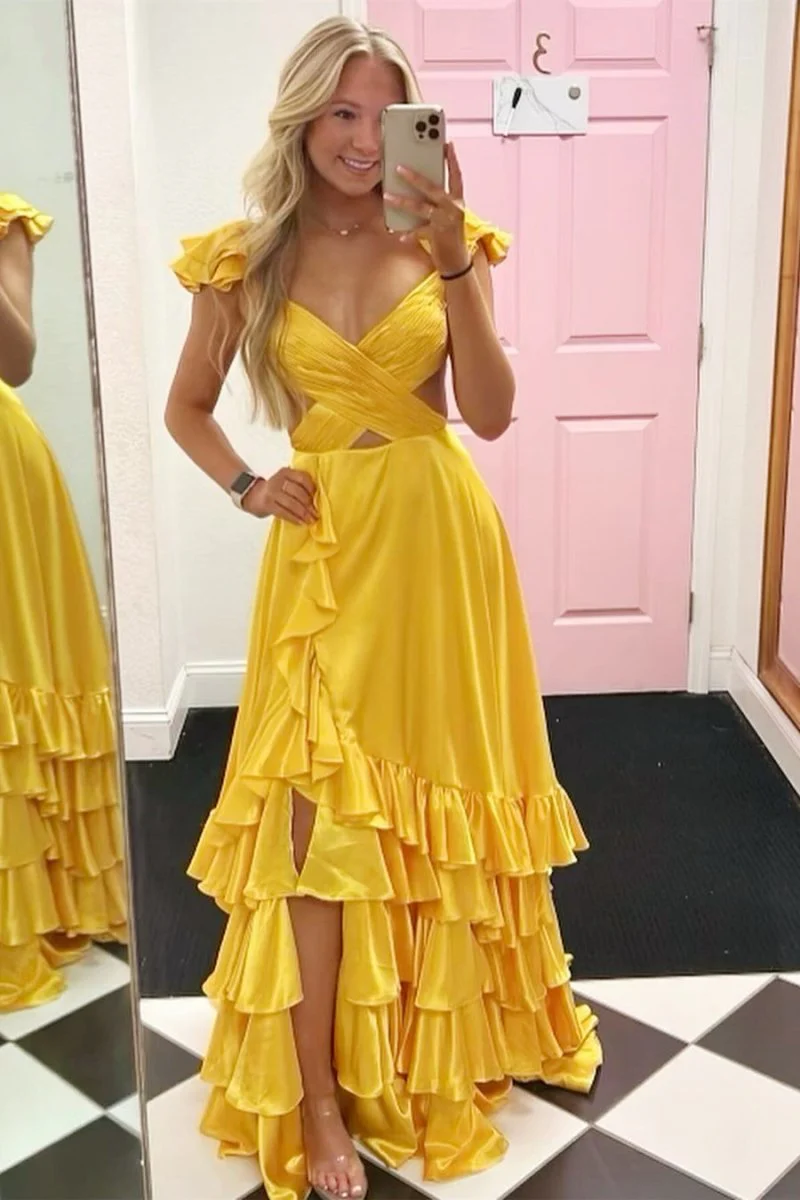 Red Cutout Ruffle A-Line Long Prom Dress with Slit