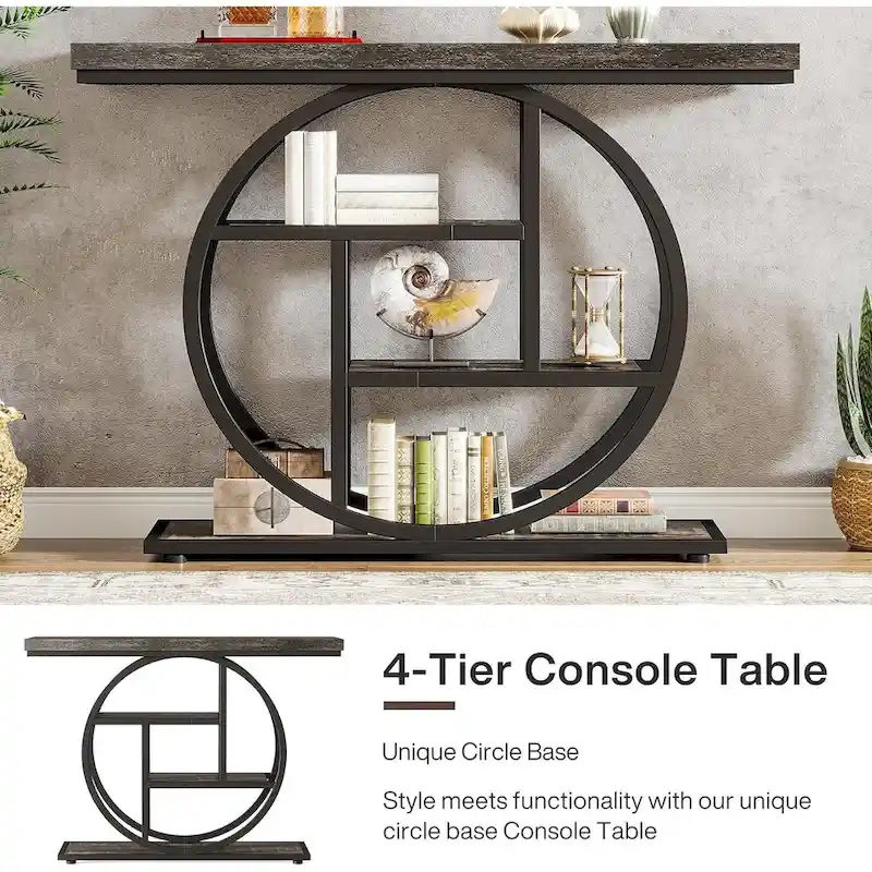 Industrial 4-Tier Sofa Table Entryway Table with Circle Base