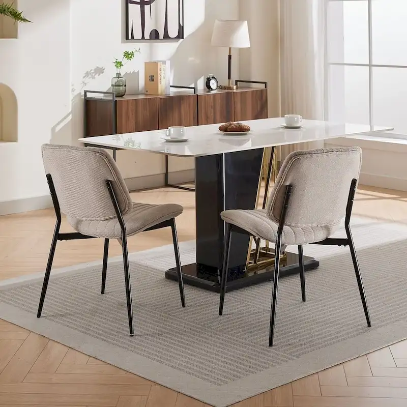 Retro Linen Dining Chairs Set of 2, Bentwood Back with Metal Legs