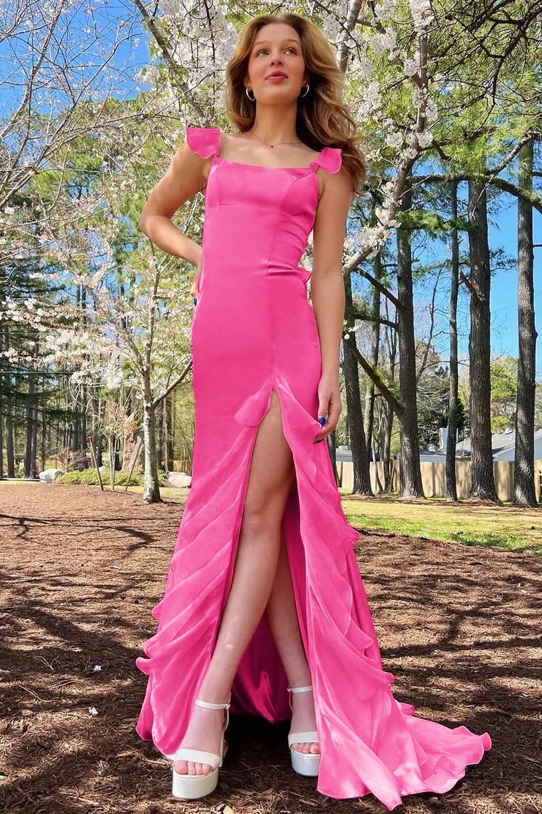 Emerald Green Square Neck Ruffle Slit Prom Dress