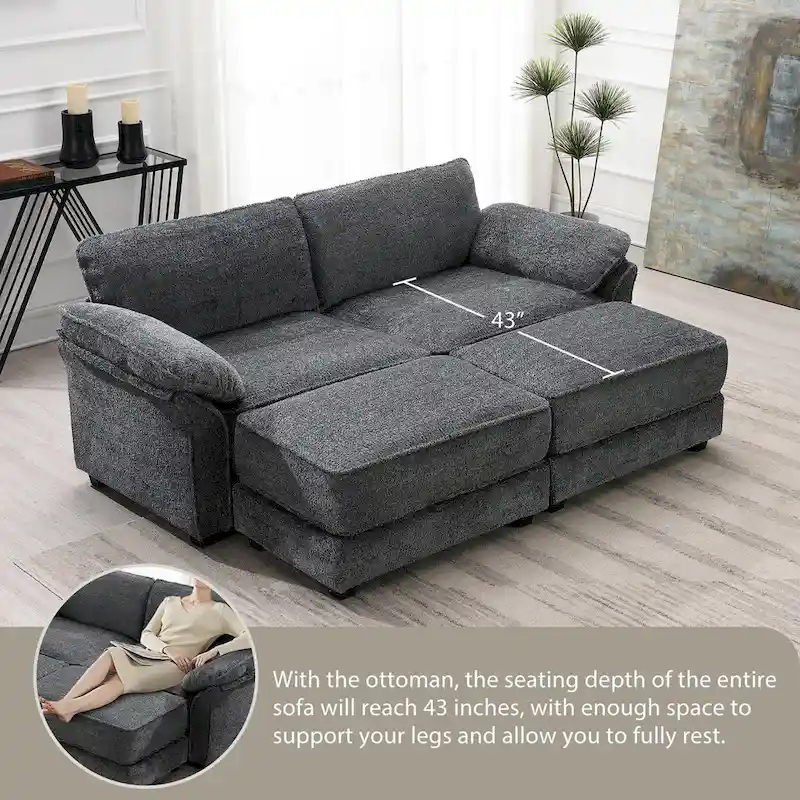 4 Seat Upholstered Free Combination Modular Convertible Sectional Sofa Bed Set, Deep-Seat,Ottoman,Grey