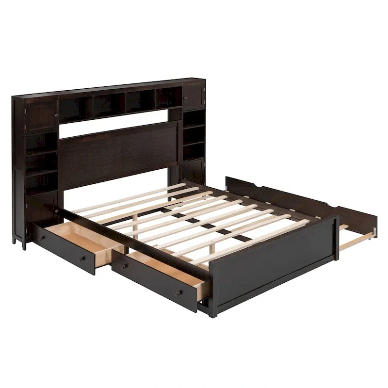 Modern Wooden Bed with Cabinet, Shelf, and Sockets