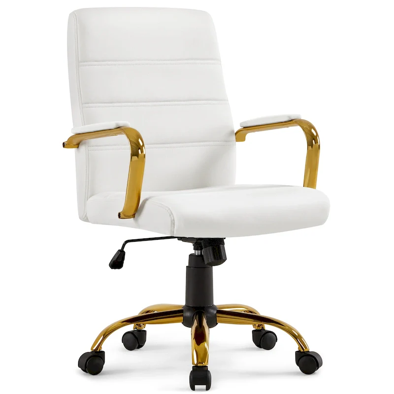 White Gold-Frame PU Leather Swivel Office Chair, 1-Person