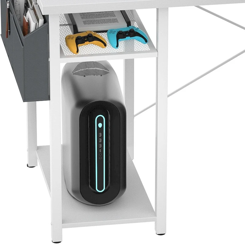 Farmhouse L-shaped Desk with Power Outlet, Gaming Table with Hutch and LED Light