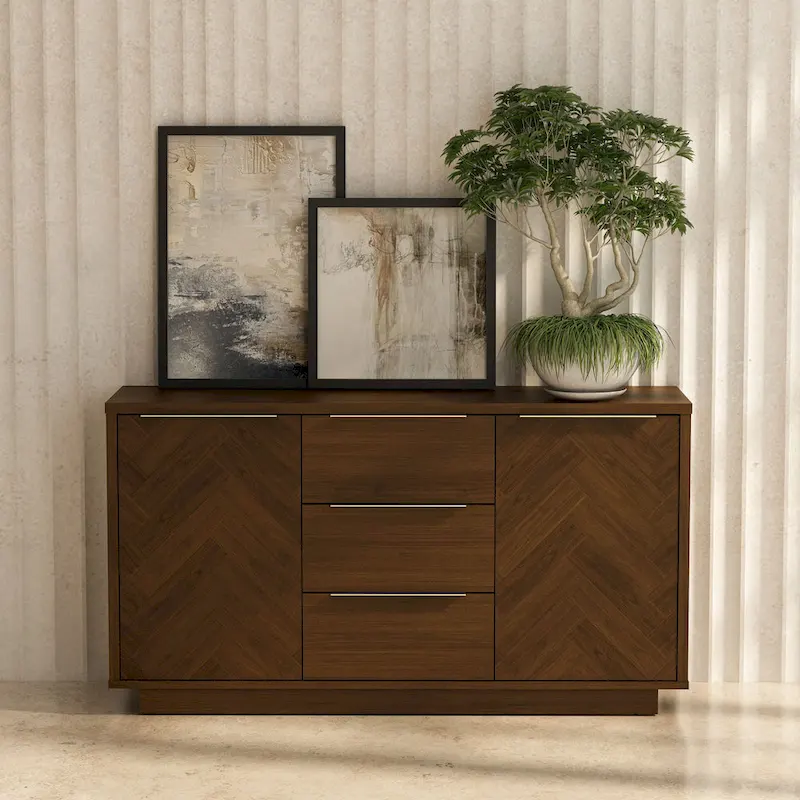 Dark Brown Herringbone Sideboard with Soft-Close Doors
