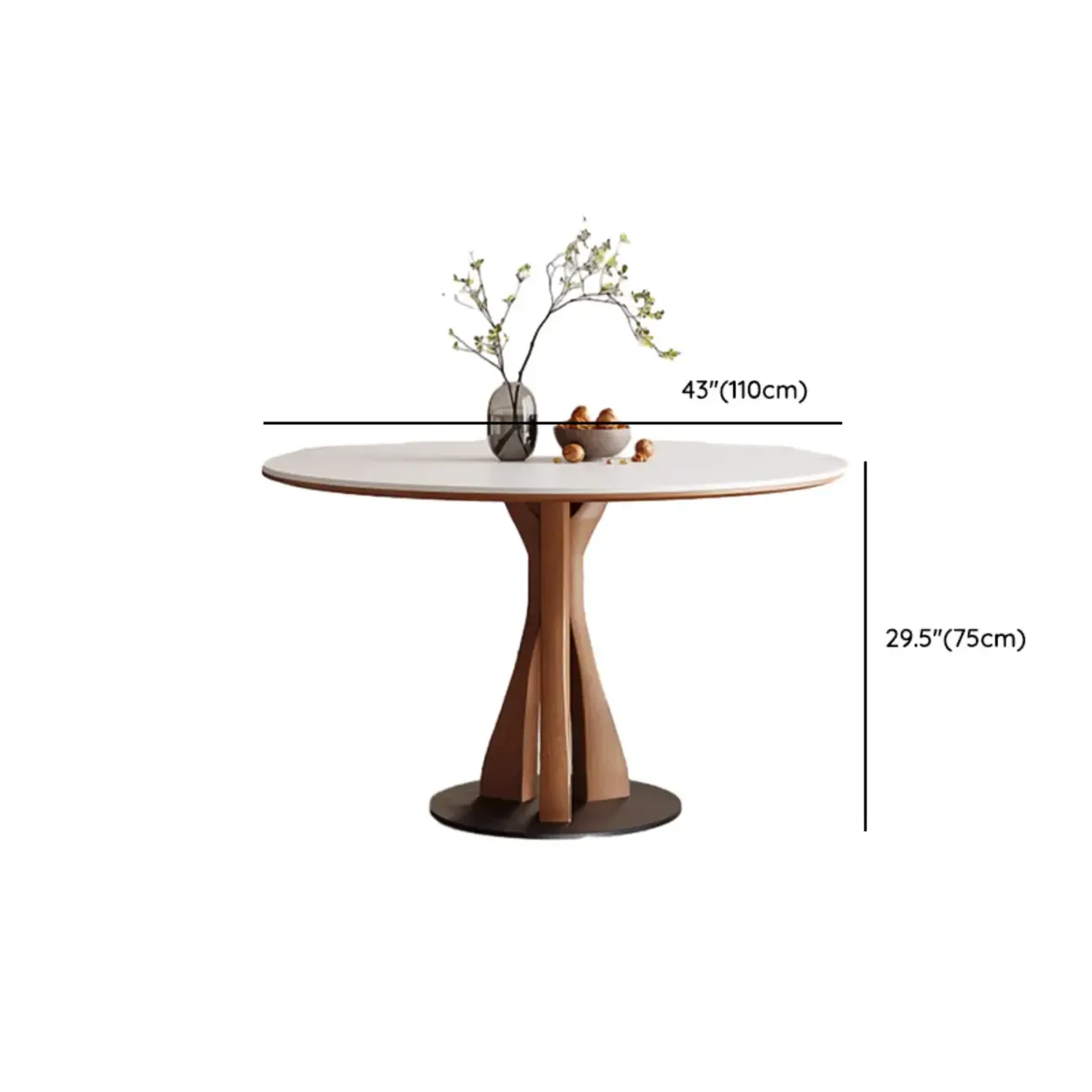 Mid-Century Modern White Stone Brown Wood Round Dining Table