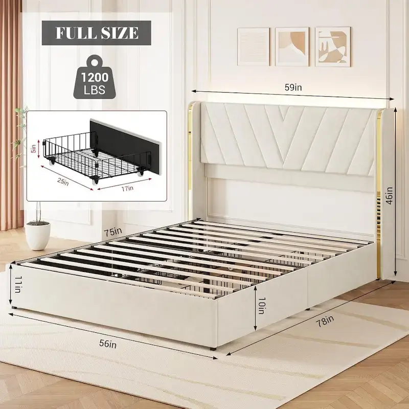 Velvet Platform Bed Frame - Wingback Headboard with RGB LED Lights, 4 Storage Drawers, Noise-Free Metal Frame, Easy Assembly