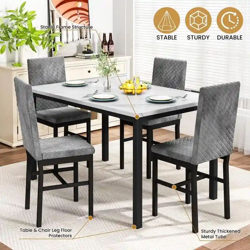 Grondin 5-Piece Dining Room Table Set with Faux Marble Table Top and Diamond Stitching Velvet Upholstery Dining Chairs