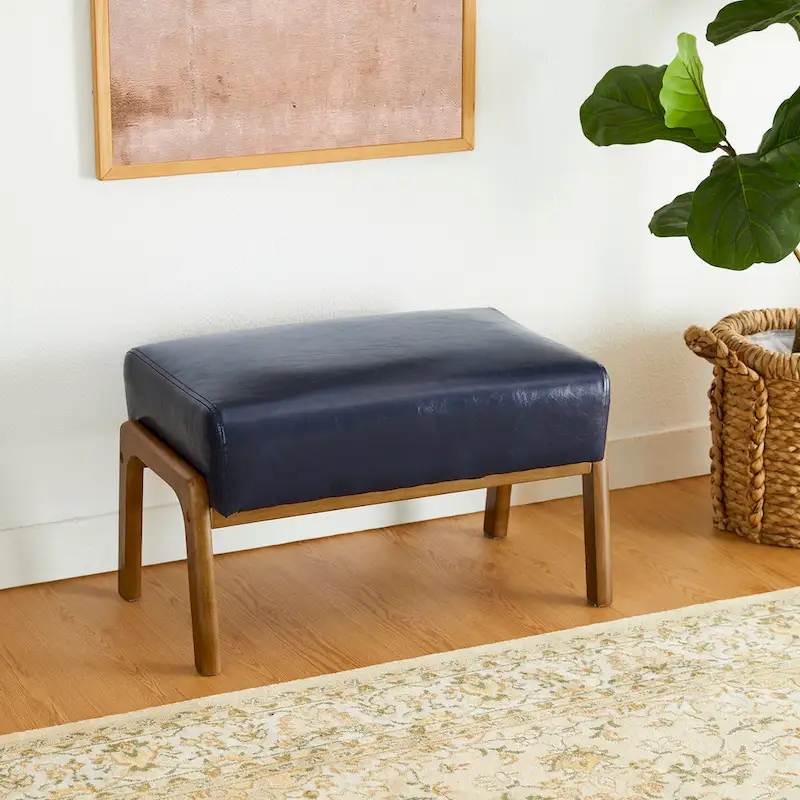 Glitzhome 24.5W Leatherette Accent Stool With Walnut Rubberwood Legs