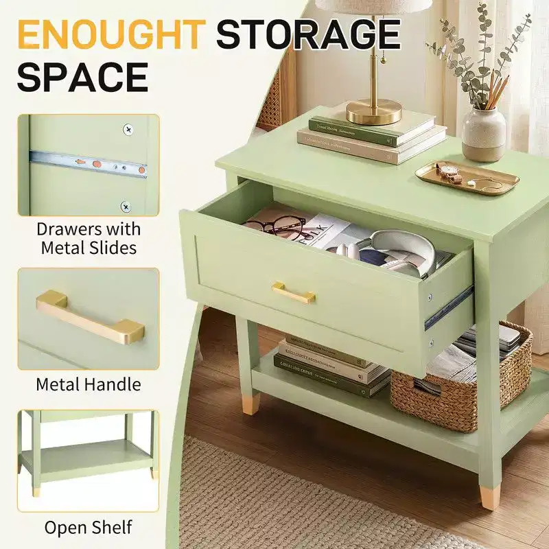 Karl Home Light Green P2 MDF Nightstand 1 Drawer 1 Shelf 29.5 Inch