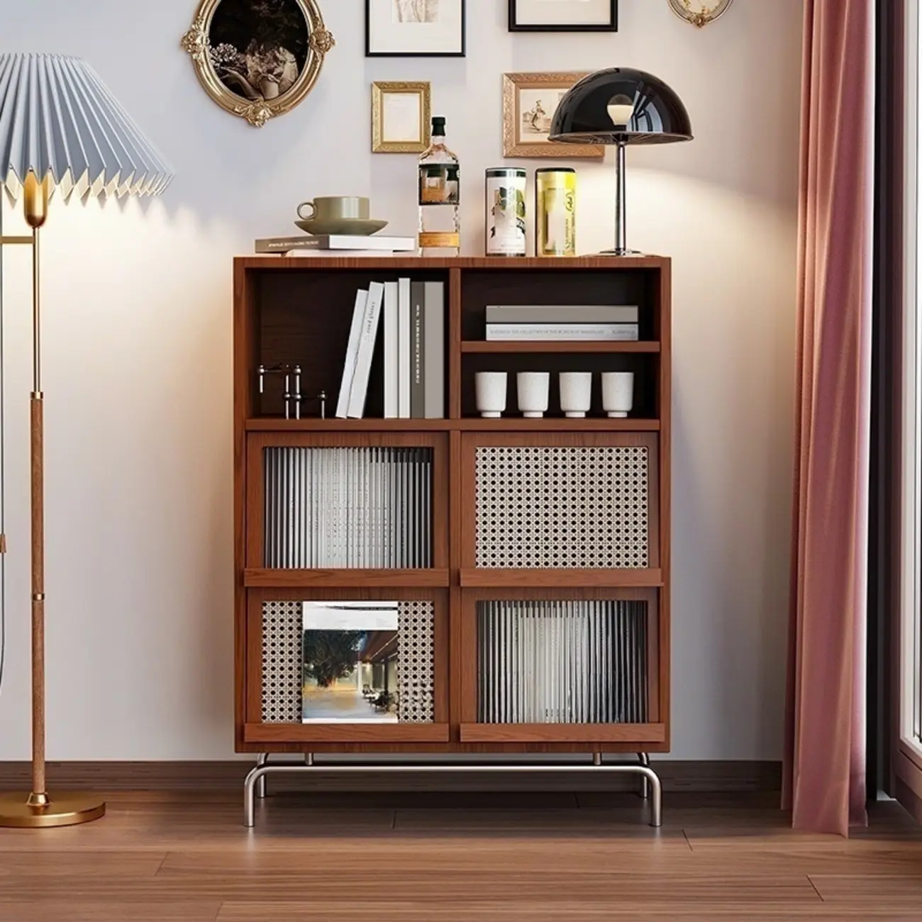 Living Room Brown Wooden Metal Legs Accent Cabinet