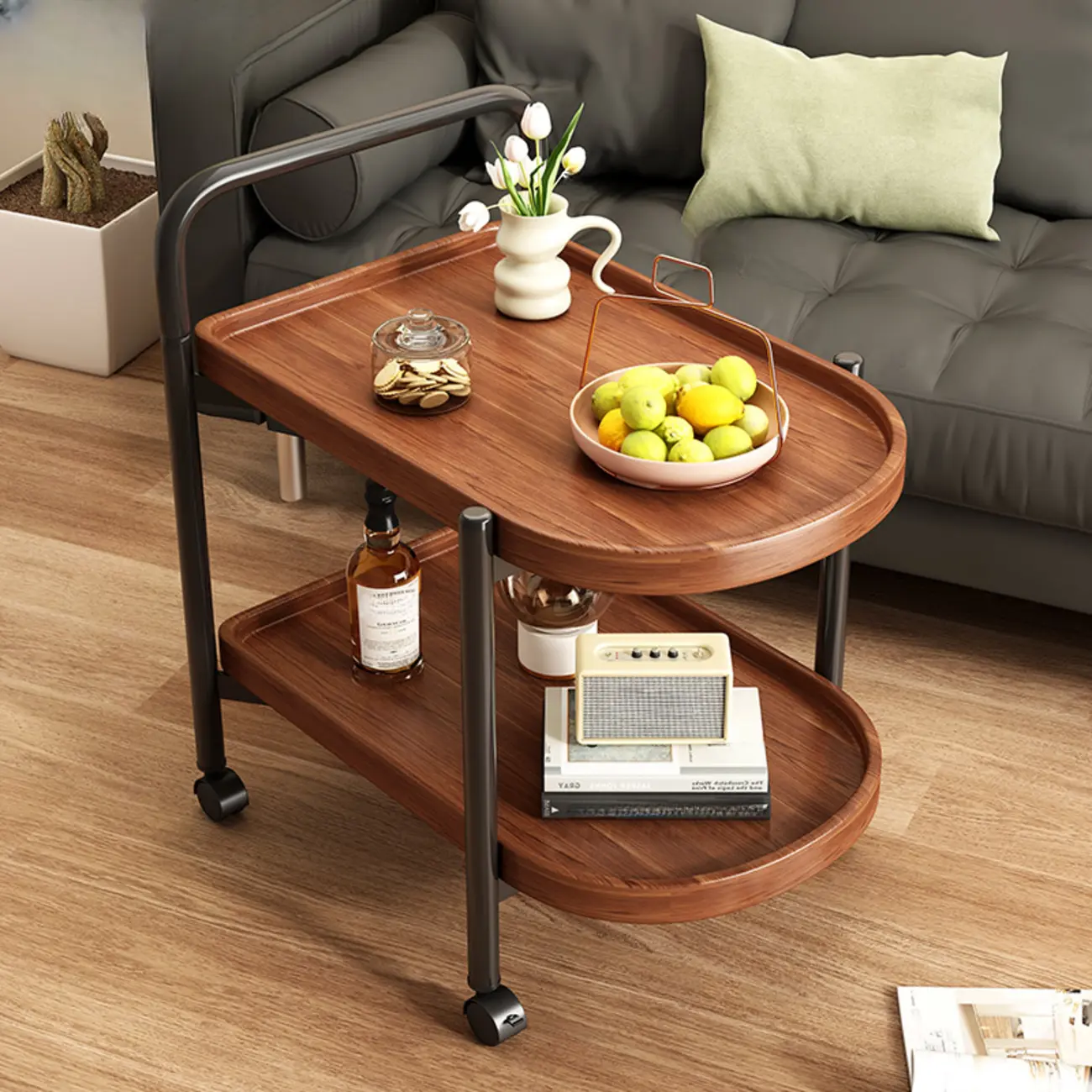 Modern 2-Tier Wood Round Coffee Table with Wheels, Tray