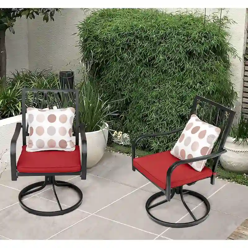 Outdoor 2-Piece Metal Swivel Dining Chairs with Red Cushions