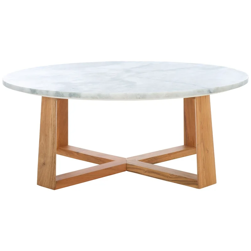 Round Marble Top Coffee Table with Acacia Wood Legs – White/Natural / White/Black