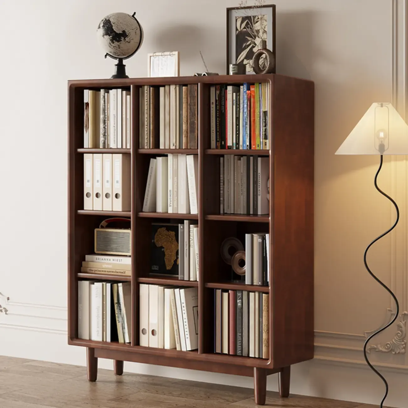 Mid Century Modern Oak Wood Closed Back Standing Bookcase