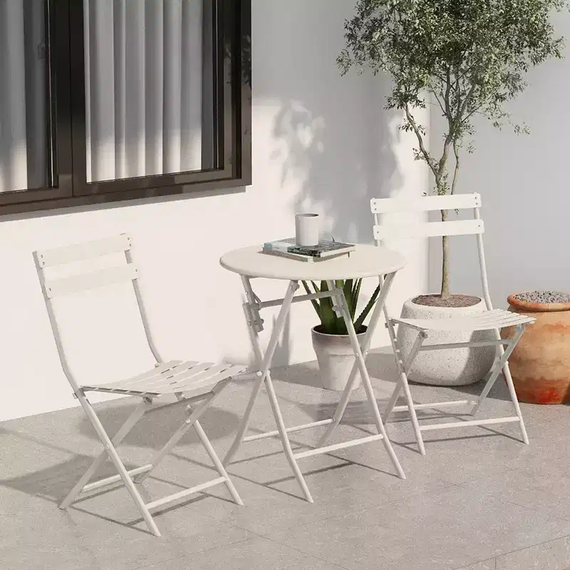 MAYEERTY 3 Piece White Foldable Patio Bistro Set, Round Table & Chairs