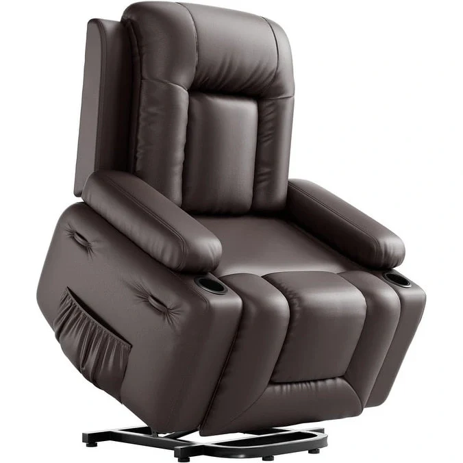 Power lift recliner chair with massage, cup holders, and side pocket.