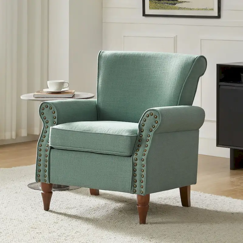 Upholstered Comfy Accent chair with Turned Wooden Legs and Nailhead Trim Set of 2 by