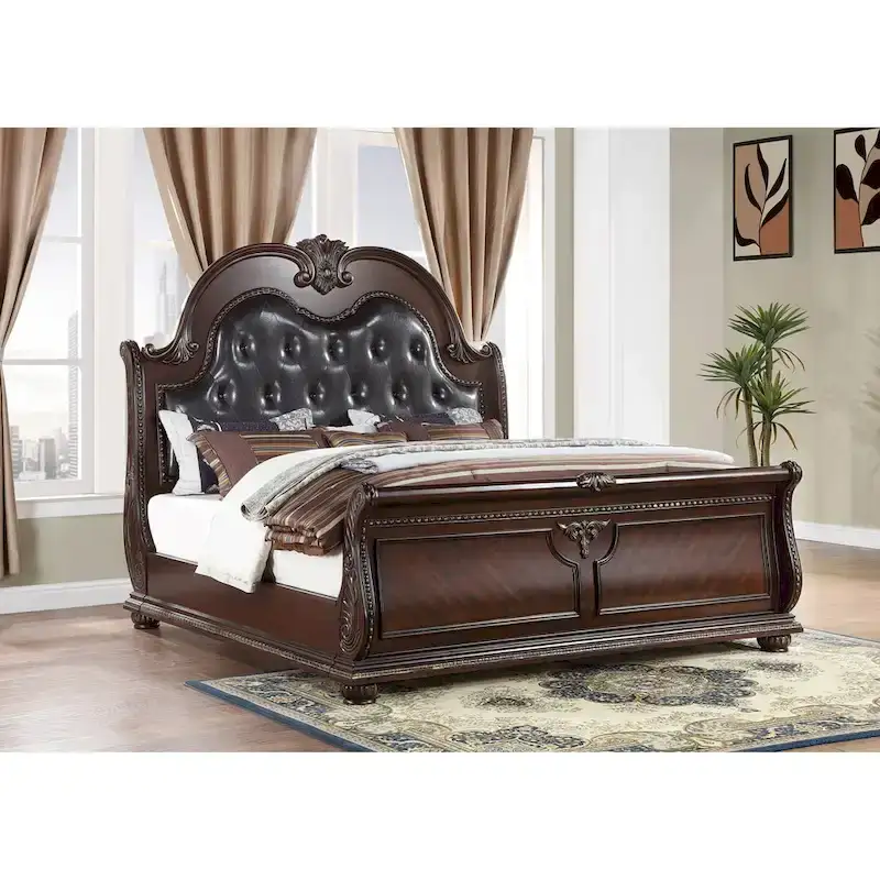 Cherry Wood Traditional Sleigh Bed with Carved Headboard and Footboard (King)