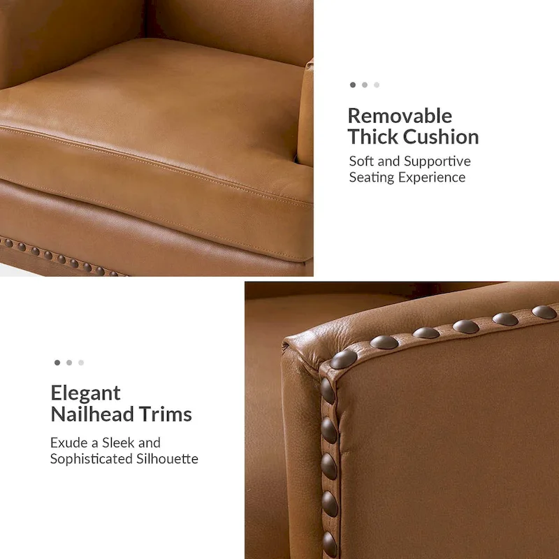 Lourdes Genuine Leather Armchair with Solid Wood Frame and Removable Seat Cushion by HULALA HOME