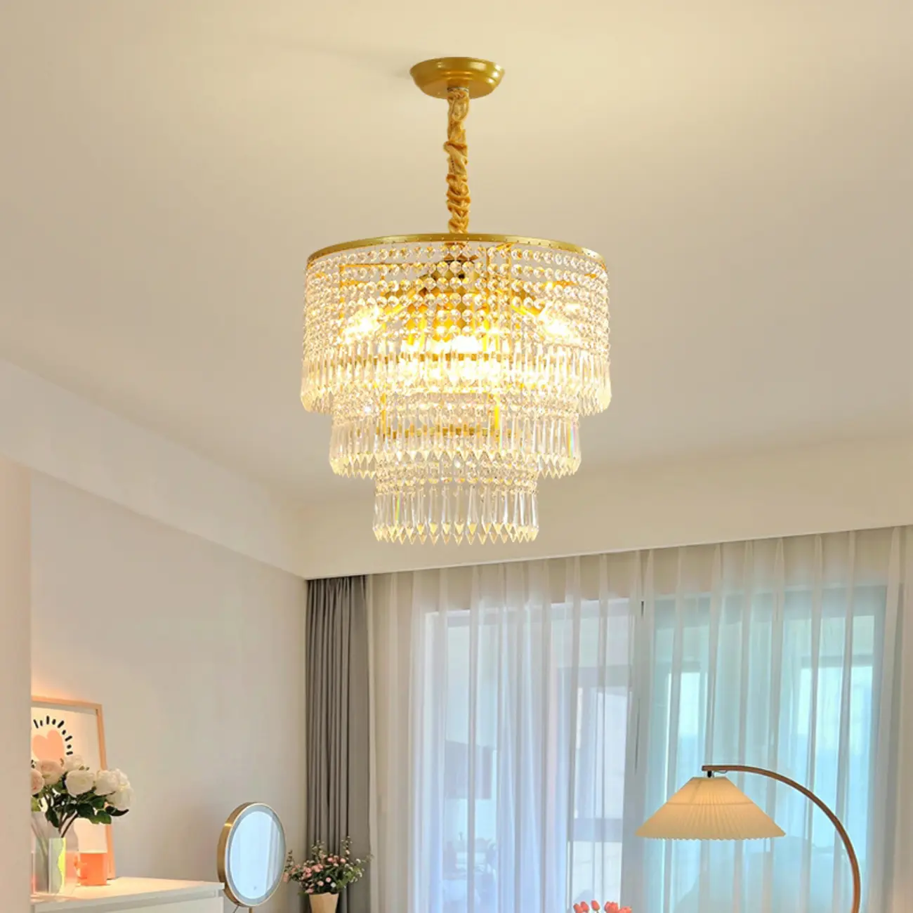 Modern Gold Descending Crystal Round Chandelier