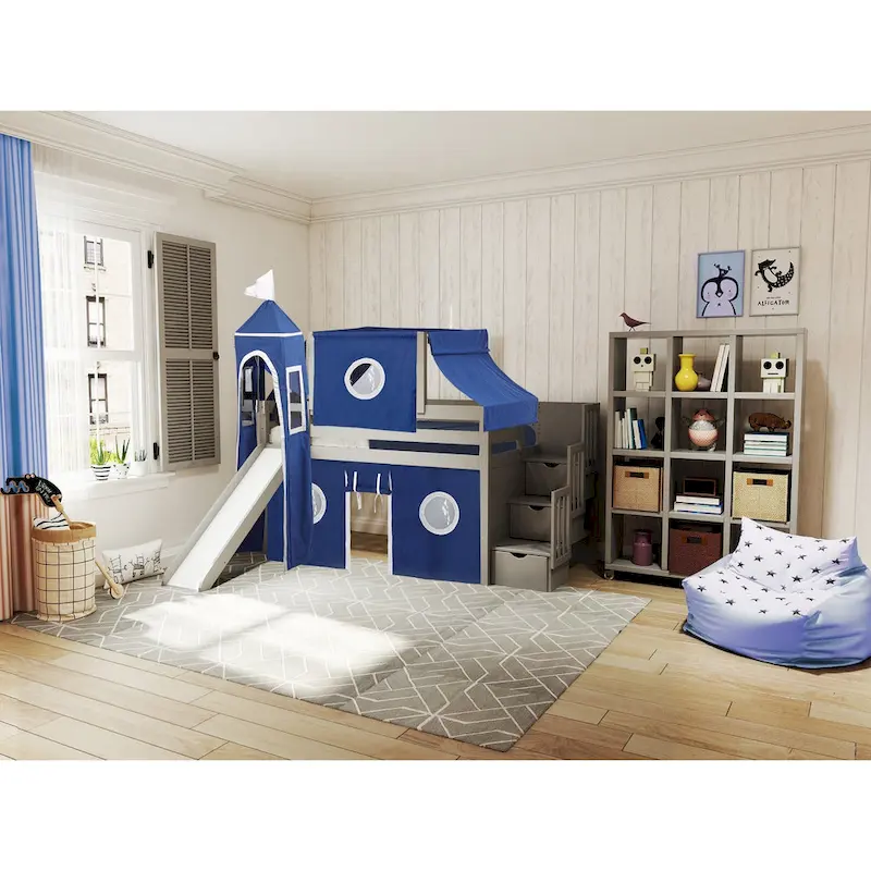 JACKPOT Prince & Princess Low Loft Twin Bed, Stairs Slide Tent & Tower