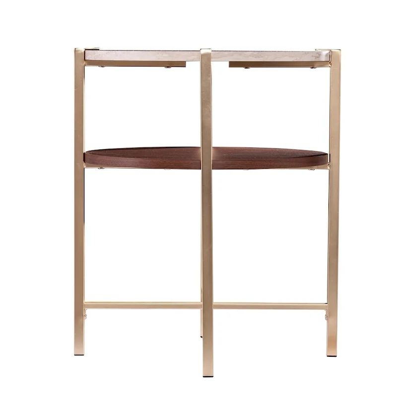 White/Brown Round Two-Tier Side Table with Faux Marble Top & Wood Shelf