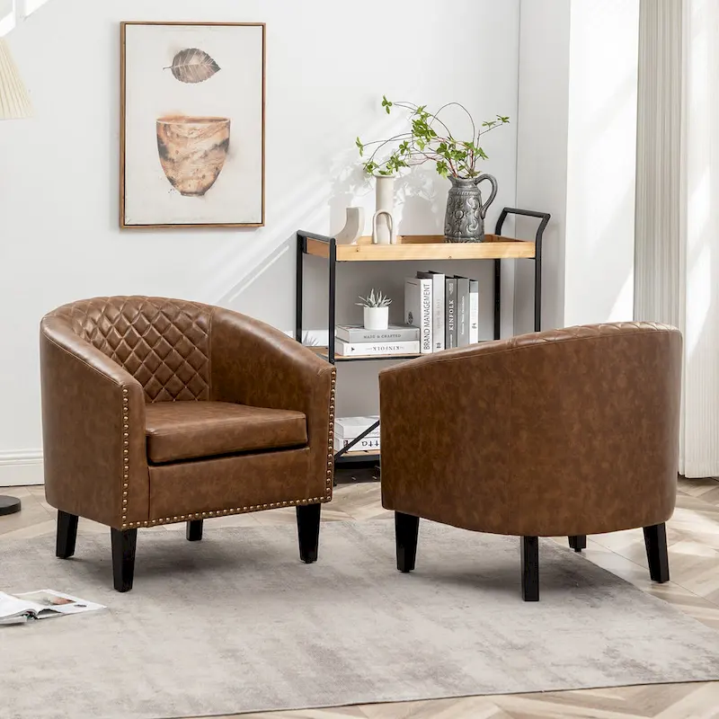 KINWELL 29  PU Faux Leather Club Armchair with Nailheads, Set of 2